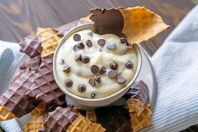 close up of cannoli dip with chocolate chips 