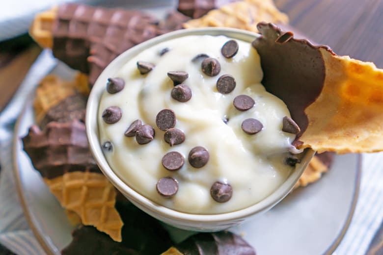 cannoli dip with waffle cone chips 