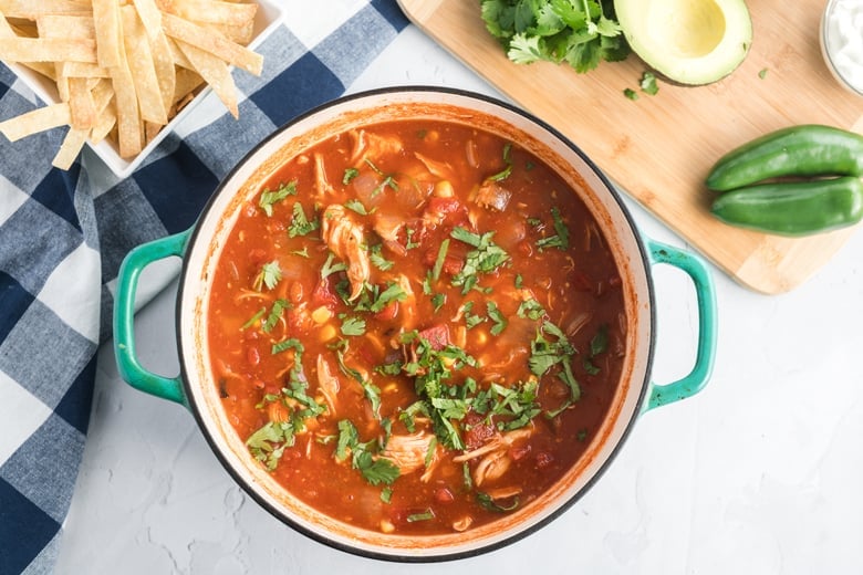 chicken tortilla soup in a large dutch oven 