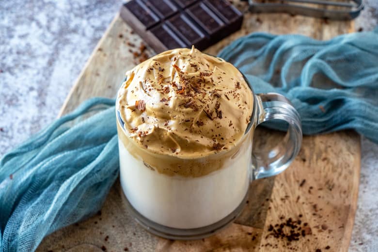 whipped coffee with shaved chocolate topping 