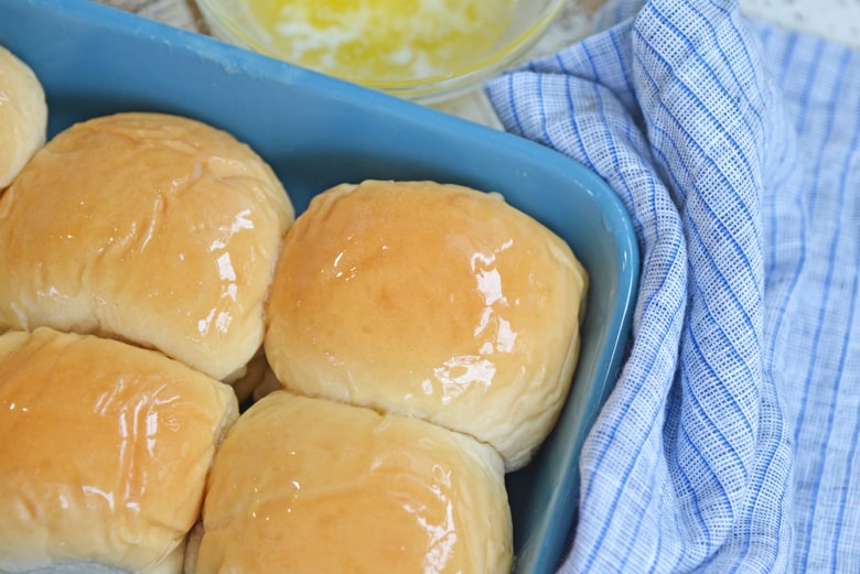 angle close up of easy roll recipe with buttered topping 