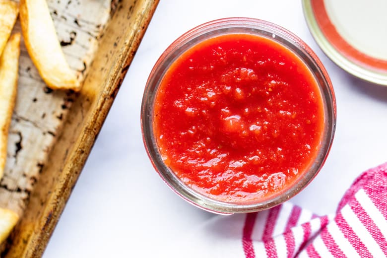 overhead of homemade ketchup in a bowl 