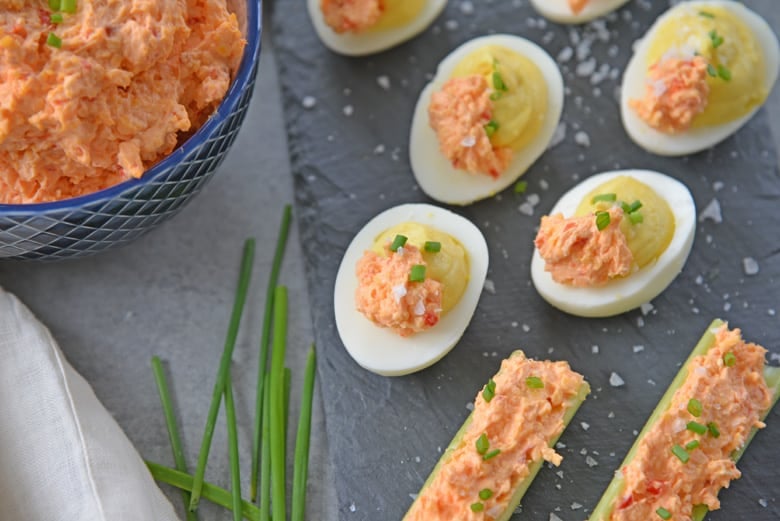 pimento cheese appetizers on a slate serving platter 