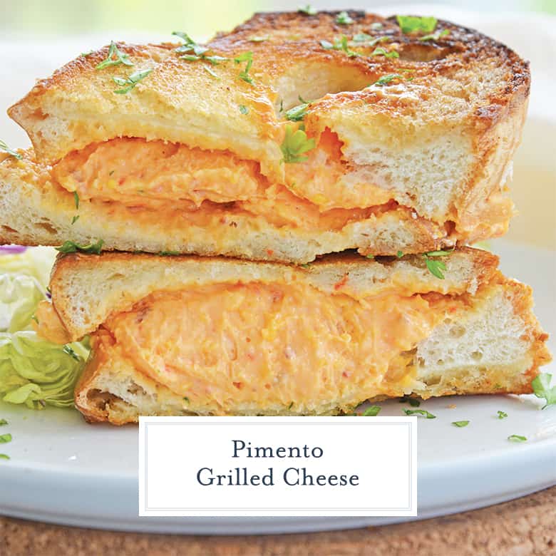 pimento grilled cheese sandwich cut in half and stacked 