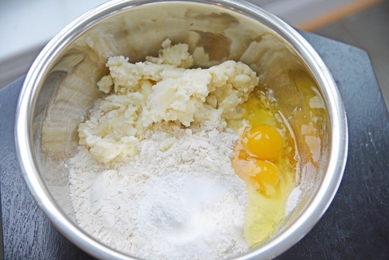 ingredients for no yeast potato bread in a mixing bowl 