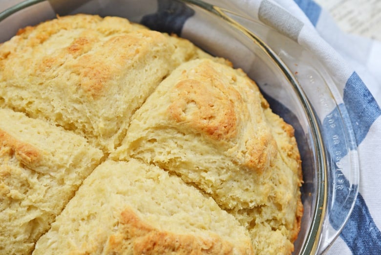 close up of potato bread with crusty top  