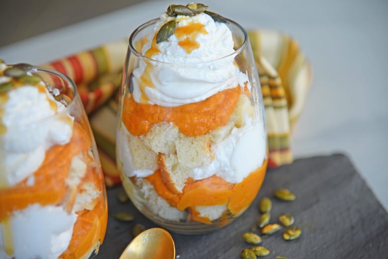 parfait of pumpkin pie in wine glass