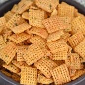 ranch chex mix in a black bowl