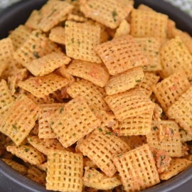 ranch chex mix in a black bowl