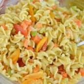 ranch pasta salad in a serving bowl