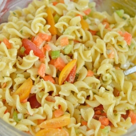 ranch pasta salad in a serving bowl
