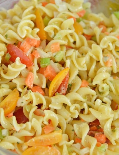 ranch pasta salad in a serving bowl