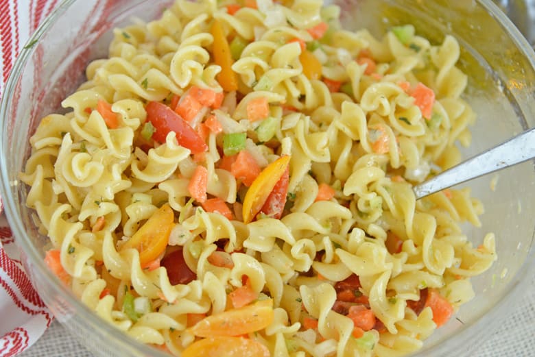 ranch pasta salad in a serving bowl 