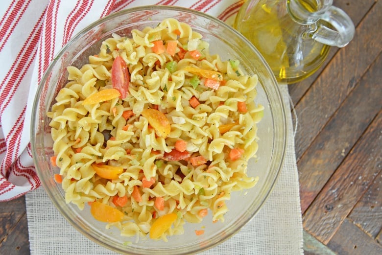 overhead of ranch pasta salad 