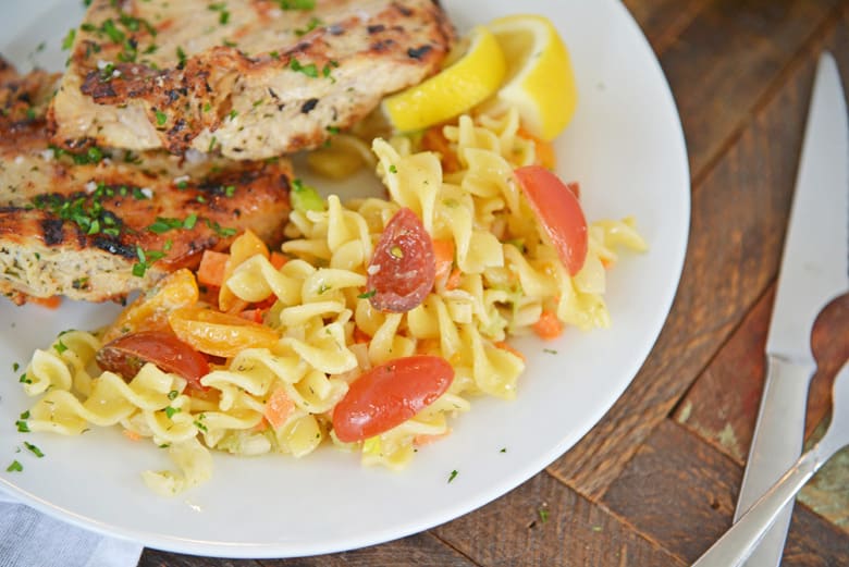 ranch pasta salad being served with grilled chicken 