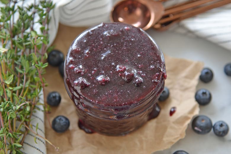 glass jar of balsamic thyme sauce 