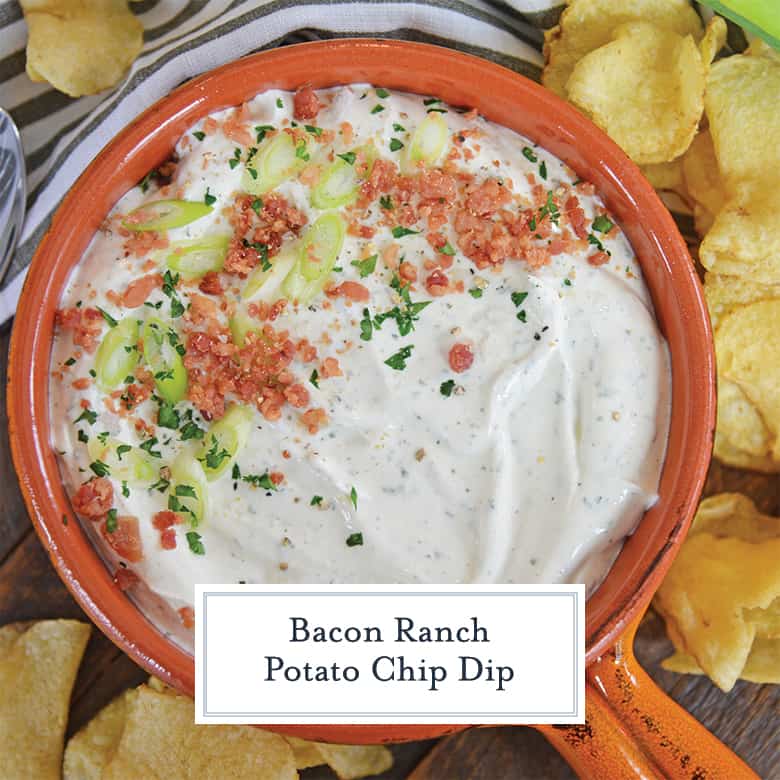 overhead of bacon ranch potato chip dip with kettle cooked potato chips 