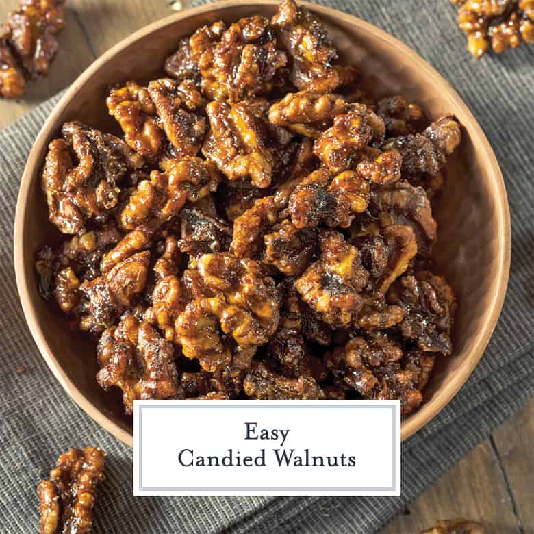 overhead bowl of candied walnuts on a napkin 