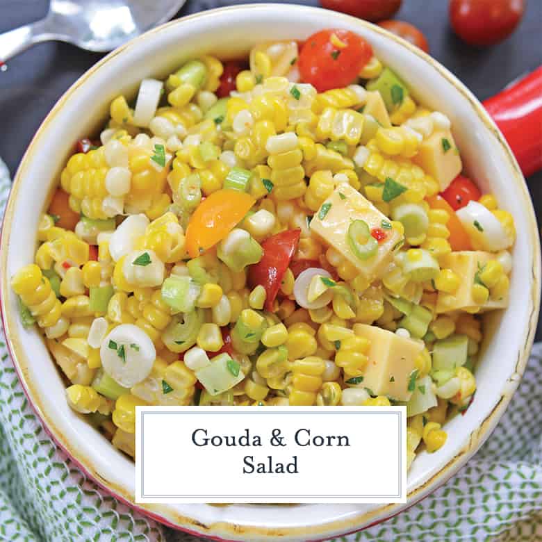 overhead of gouda and corn salad in a serving bowl 