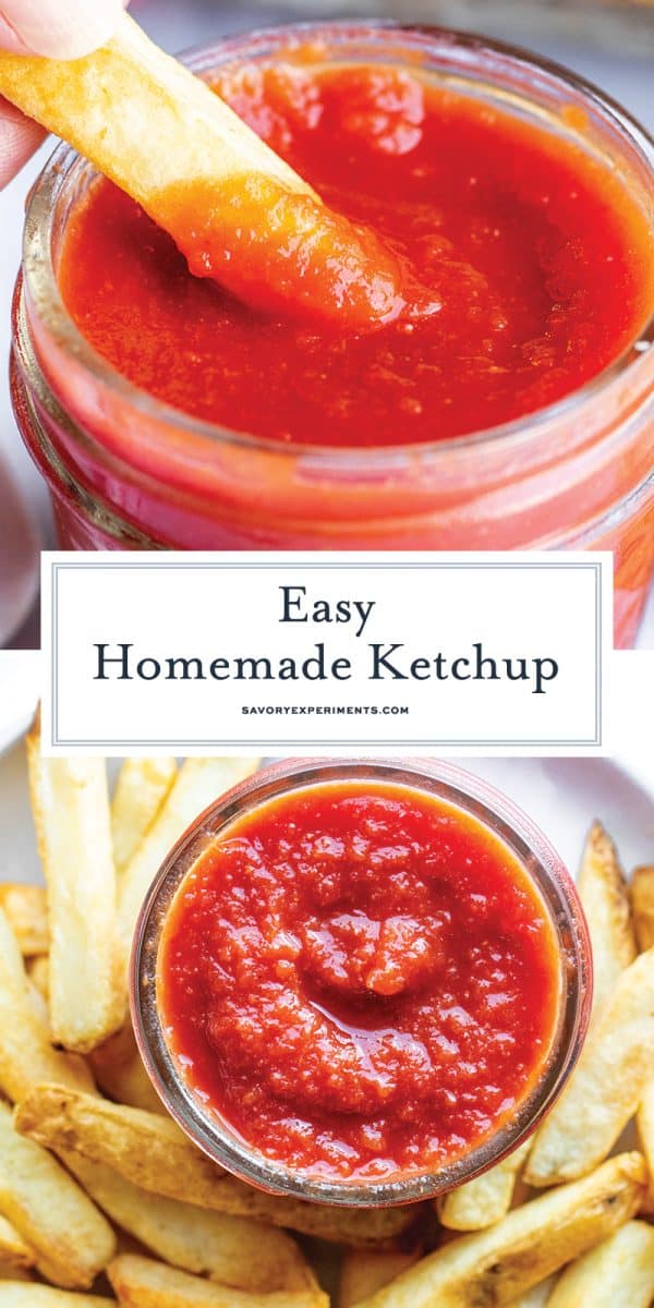 This Homemade Ketchup recipe is EASY to make and has all the classic tomato ketchup flavor. Easily customizable to make it spicy, sweet or even smoky! #homemadeketchup #ketchuprecipe www.savoryexperiments.com 