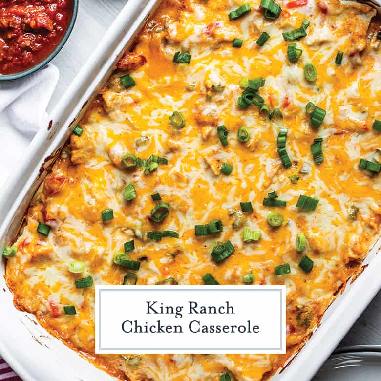 overhead of king ranch chicken casserole with cheese and green onions 