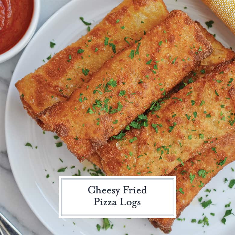 stack of fried cheesy pizza logs on a white plate 