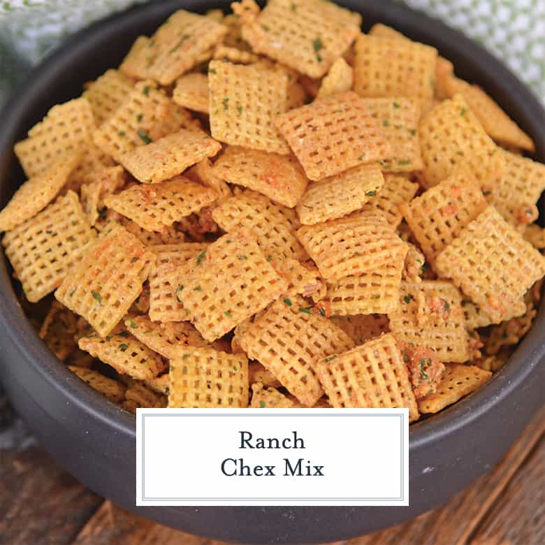 Ranch Chex Mix in a black bowl 