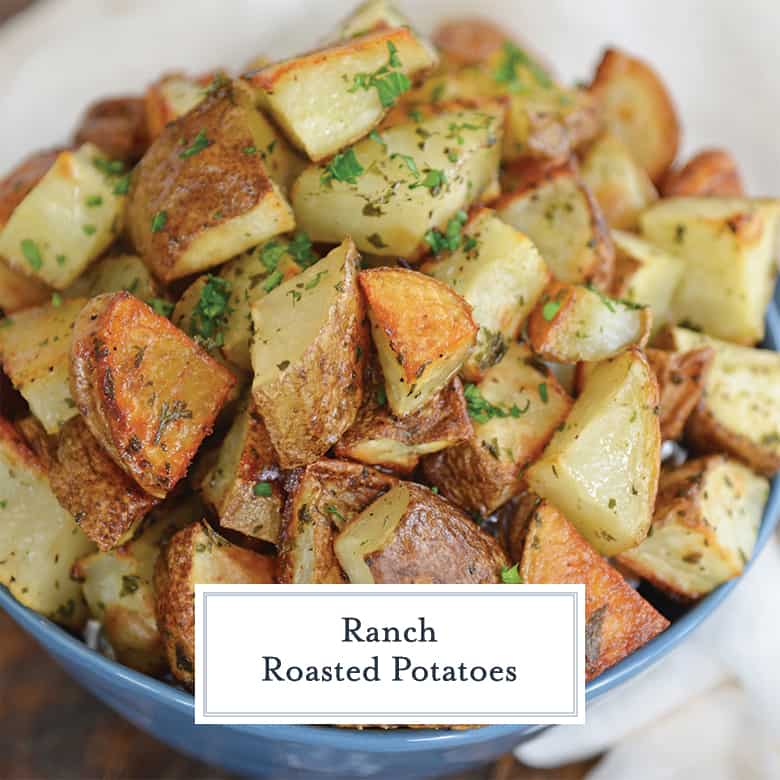 Ranch Potatoes in a blue bowl 