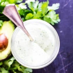 overhead shot of jar of ranch with spoon in it