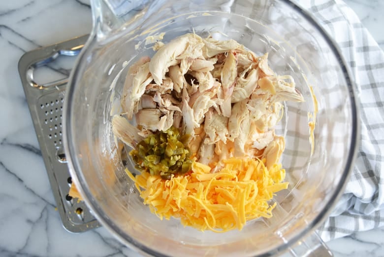 shredded chicken, cheese and jalapenos for buffalo chicken dip 