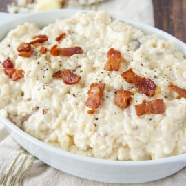 cheesy bacon rice in a serving dish