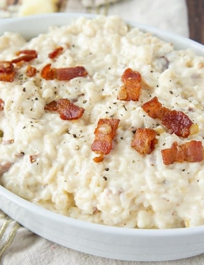 cheesy bacon rice in a serving dish