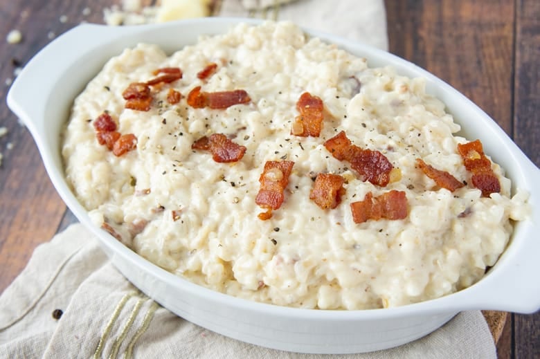 cheesy bacon rice in a serving dish 