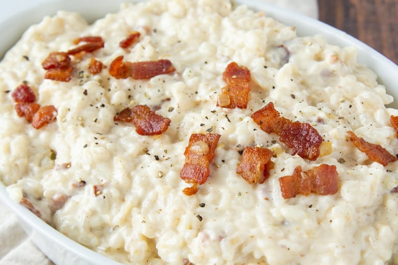 close up of cheesy bacon rice 