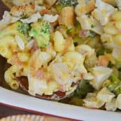 A close up of Broccoli and chicken casserole