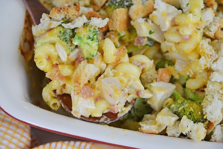 A close up of Broccoli and chicken casserole