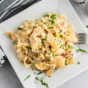 white plate with chicken noodle casserole