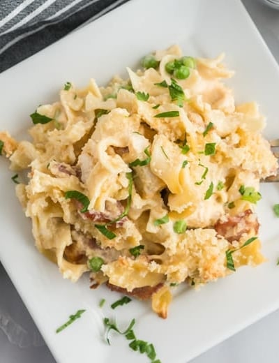 white plate with chicken noodle casserole
