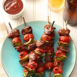 overhead shot of lamb kabobs