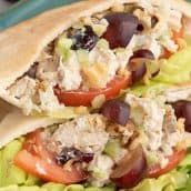 A close up of a chicken salad pitas