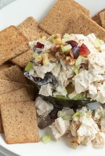 overhead of low carb chicken salad with grapes