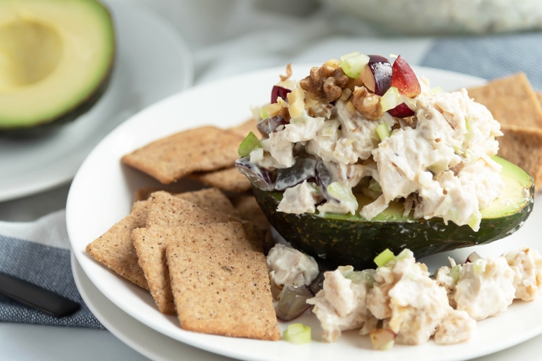 close up of low carb chicken salad with grapes and walnuts