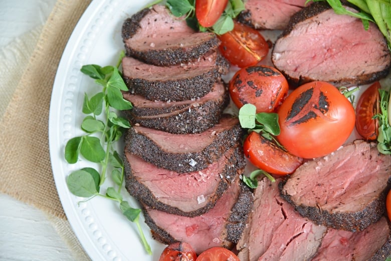 served and sliced crusted tenderloin 