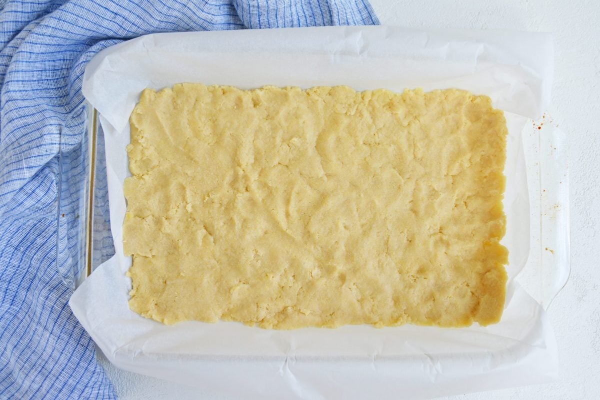 shortbread dough pressed into a 9x13 baking dish 