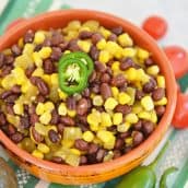 orange bowl of corn and bean salad