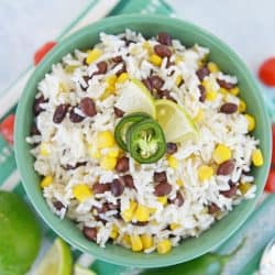 A bowl of fiesta rice with beans and corn