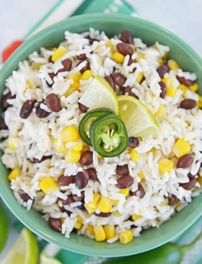 A bowl of fiesta rice with beans and corn