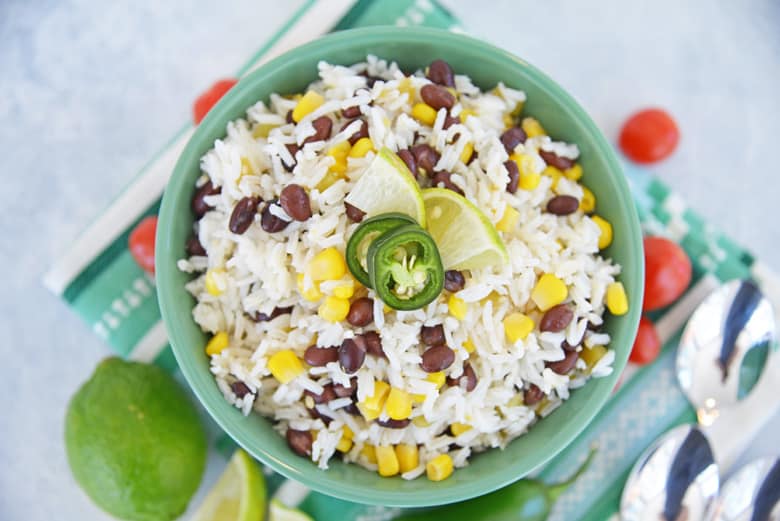 A bowl of fiesta rice with beans and corn