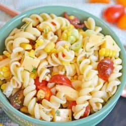 A bowl filled with pasta salad