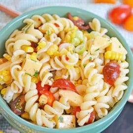 A bowl filled with pasta salad